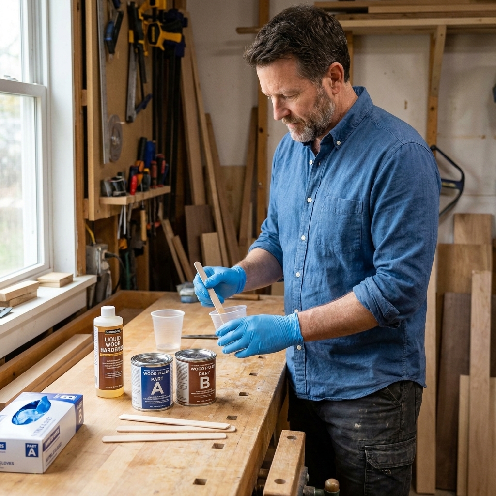 A bottle of liquid wood hardener and a two-part epoxy wood filler kit on a workbench next to nitrile gloves and mixing sticks