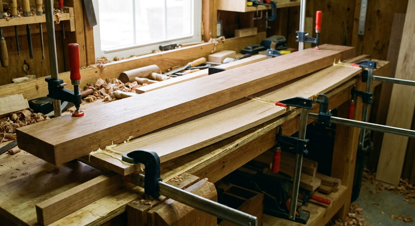 A bowed cabinet shelf clamped to a workbench with a straight board pressing it flat, showing clamps holding the shelf straight