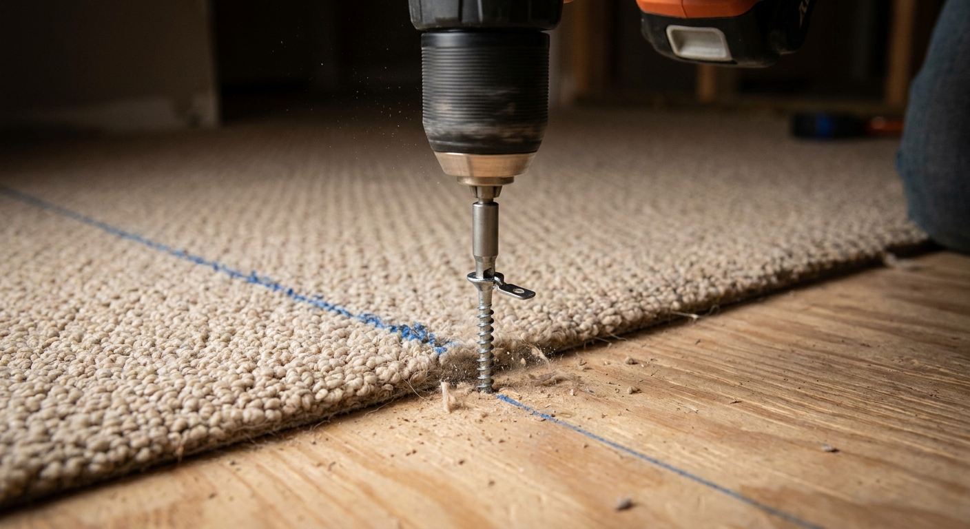 A breakaway screw being driven through a carpeted floor into the subfloor along a marked joist line