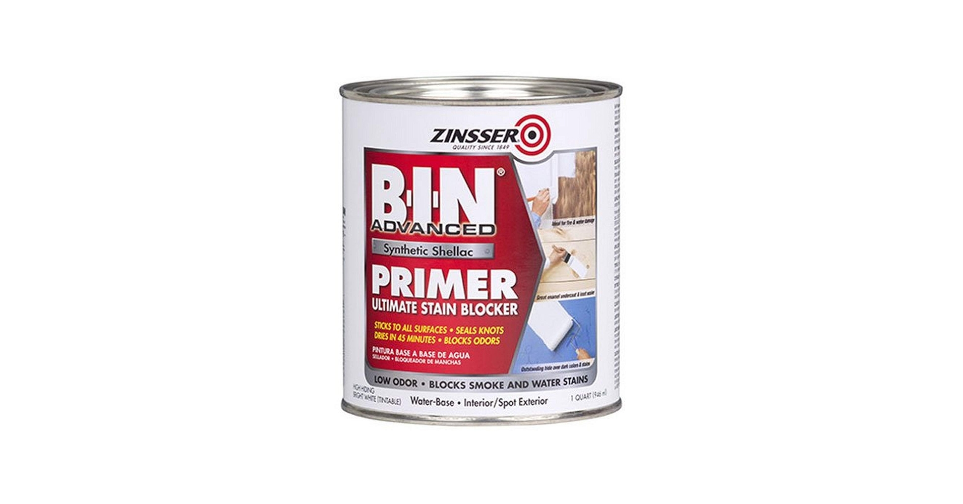 A can of shellac-based stain-blocking primer sitting on a drop cloth next to a brush and roller cover