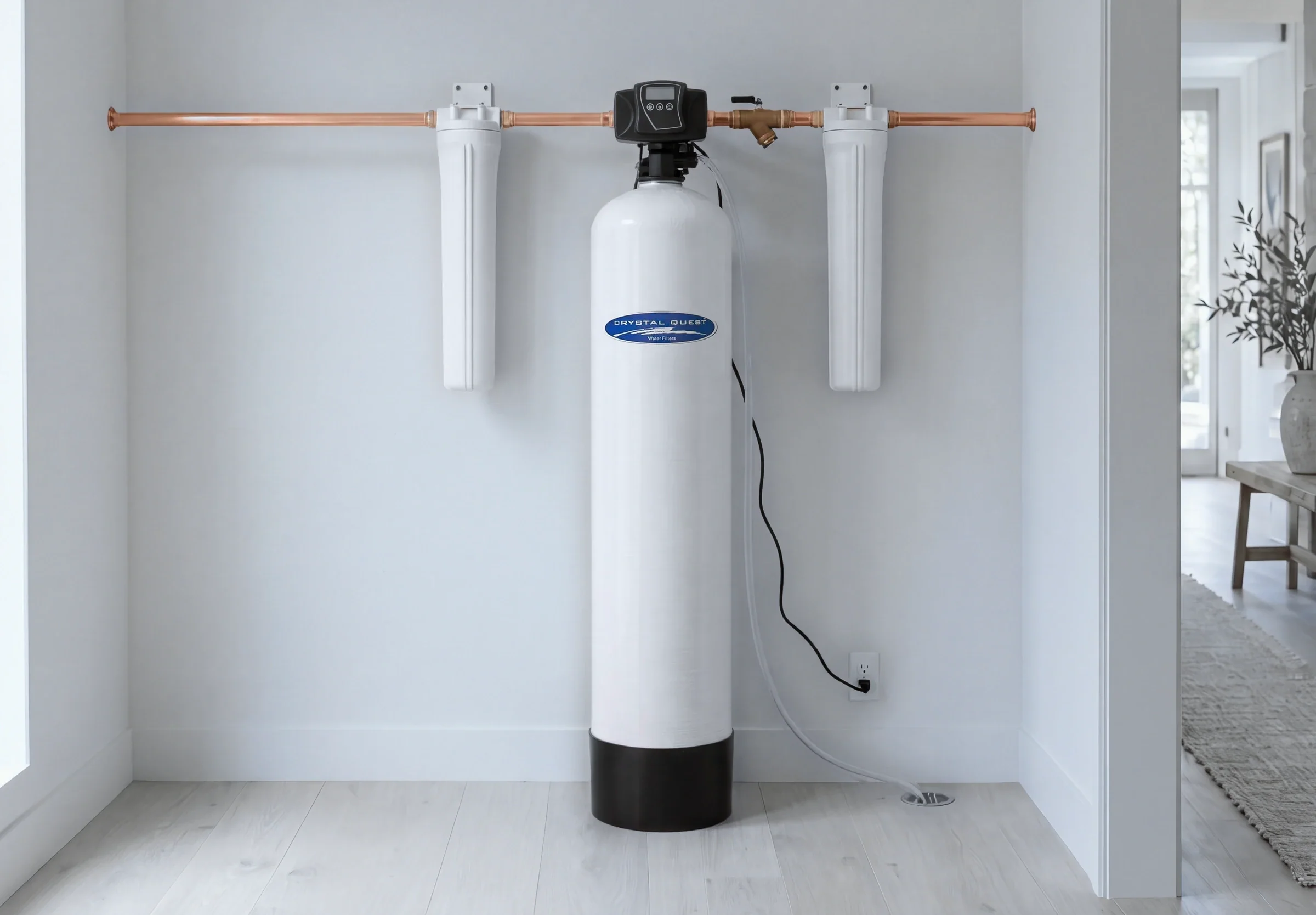 A clear whole-house water filter housing with a sediment cartridge installed near a main water line