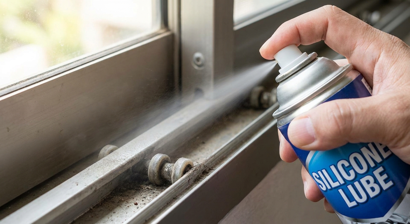 A close-up of a can of silicone spray applying a light mist onto the raised rail of a sliding door bottom track