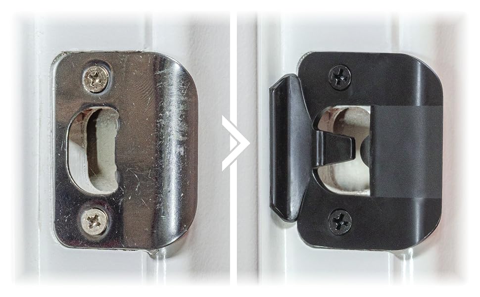 A close-up of a door jamb strike plate with visible rub marks where the latch bolt has been contacting the metal opening