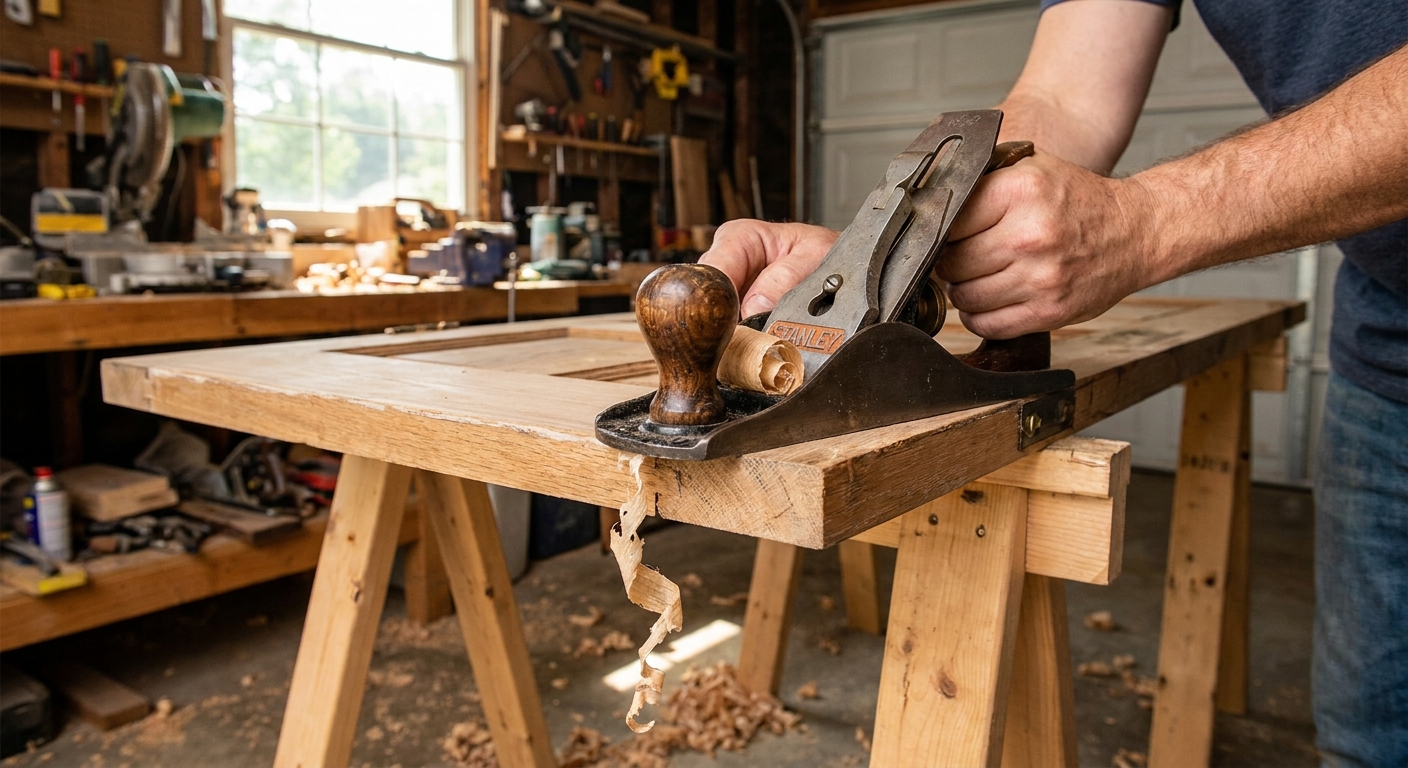A close-up of a hand plane taking a thin shaving off the edge of a wooden door resting on sawhorses in a garage