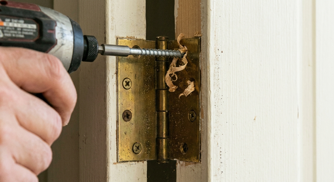 A close-up of a hinge on a door jamb with a longer 3 inch screw being driven through the top hinge into the framing