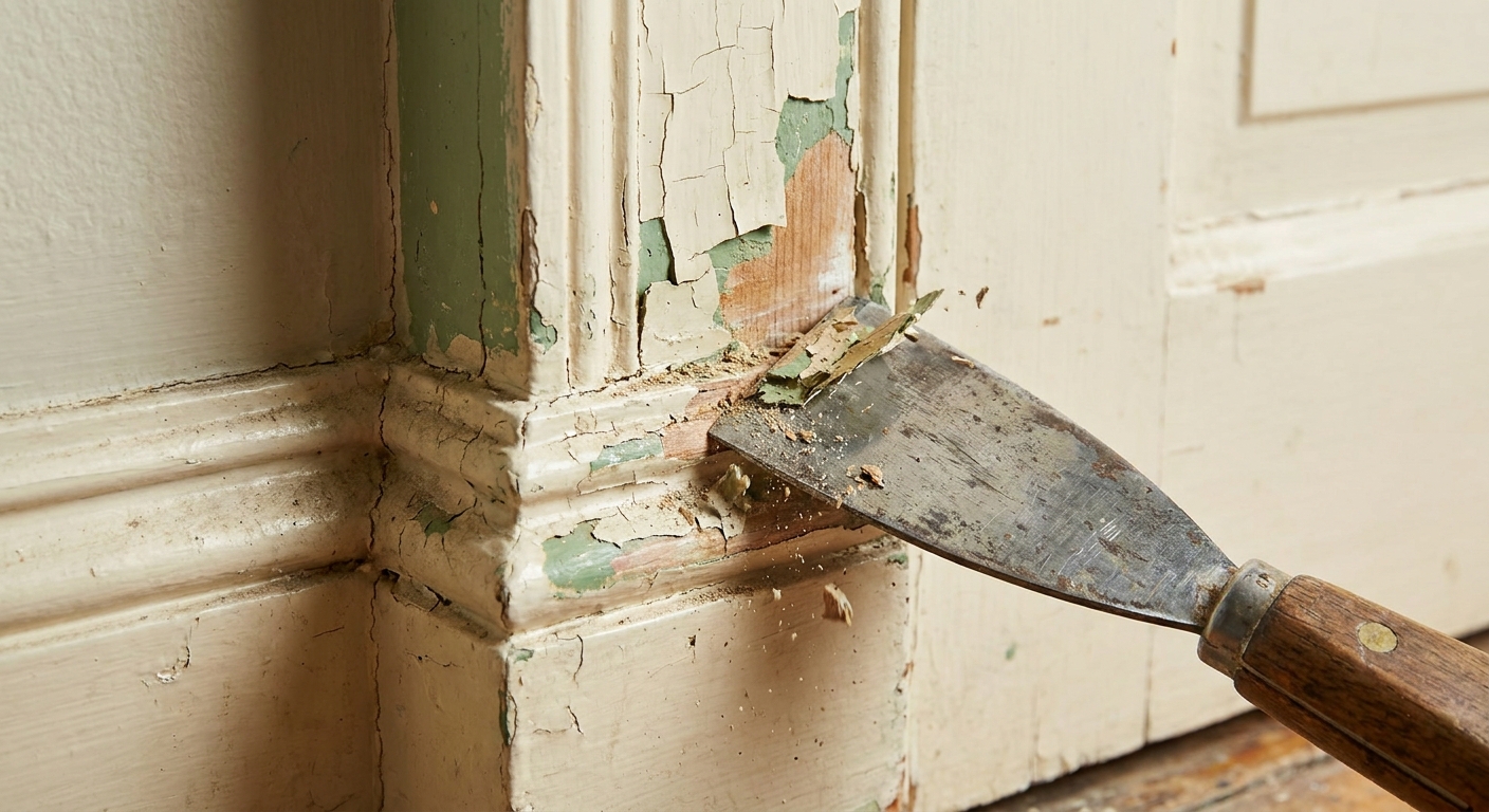 A close-up of a paint scraper removing thick paint buildup from a door stop molding on a painted door frame