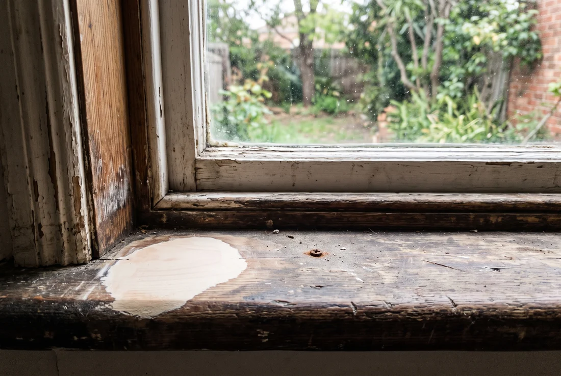 A close-up of a sanding block smoothing a cured epoxy repair on a wooden window sill