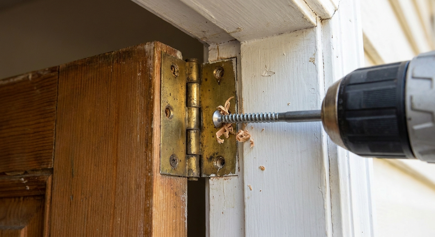 A close-up of a top door hinge with one long wood screw being driven through the hinge leaf into the door jamb