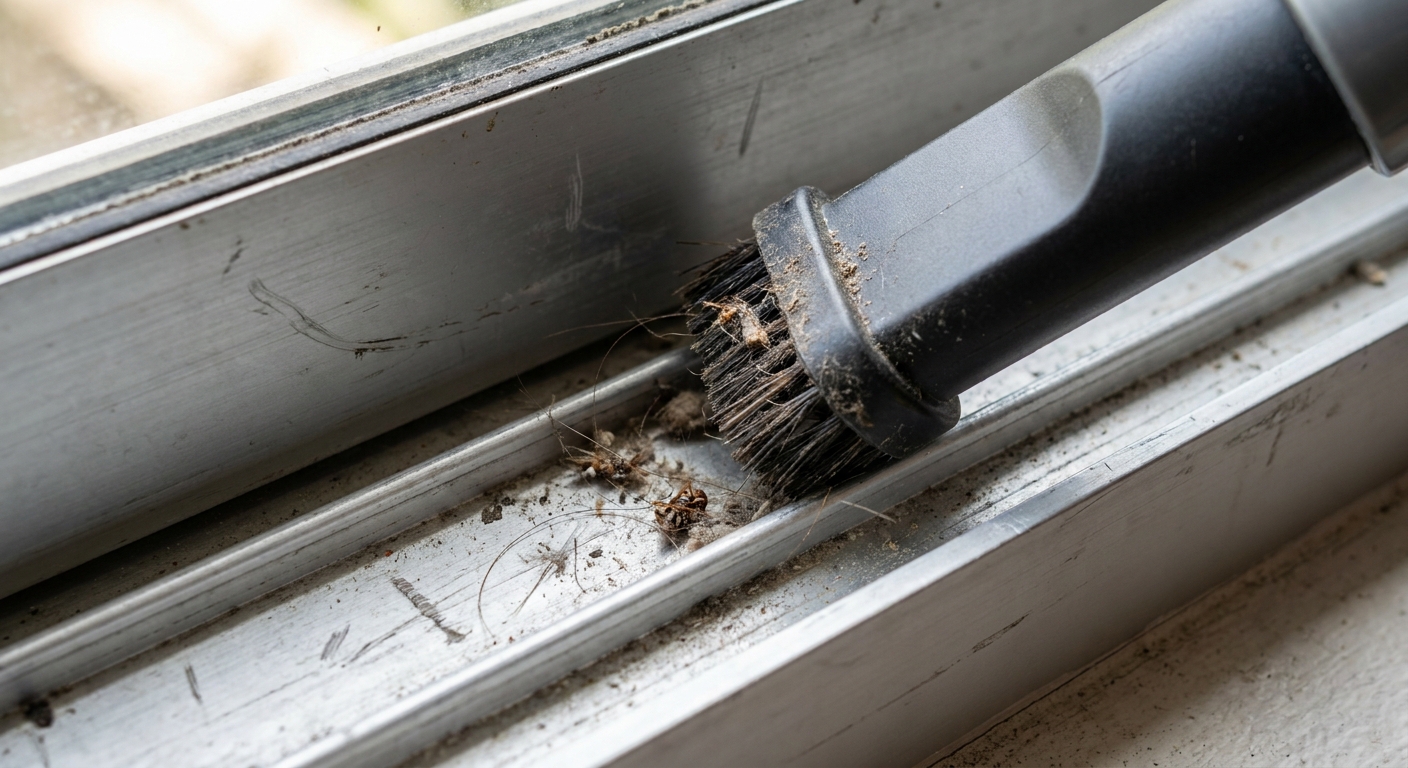 A close-up of a vacuum nozzle and small brush cleaning debris from an aluminum sliding window track