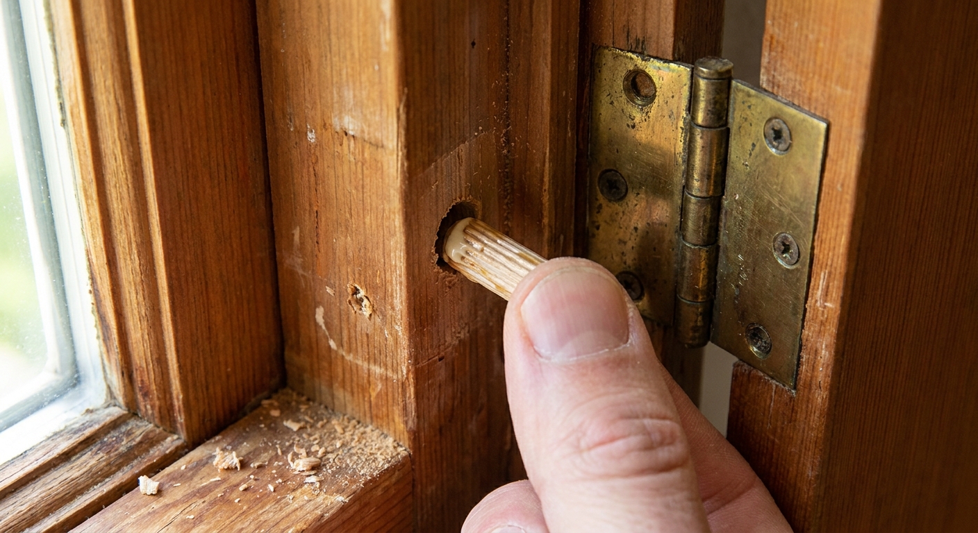 A close-up of a wooden dowel plug being pressed into a freshly drilled hole in a wooden door jamb near a hinge