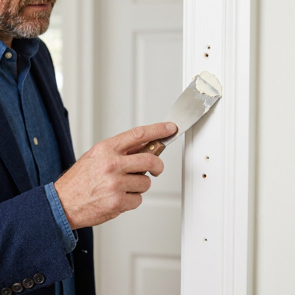 A close-up photo of a putty knife pressing wood filler into small nail holes on painted door trim