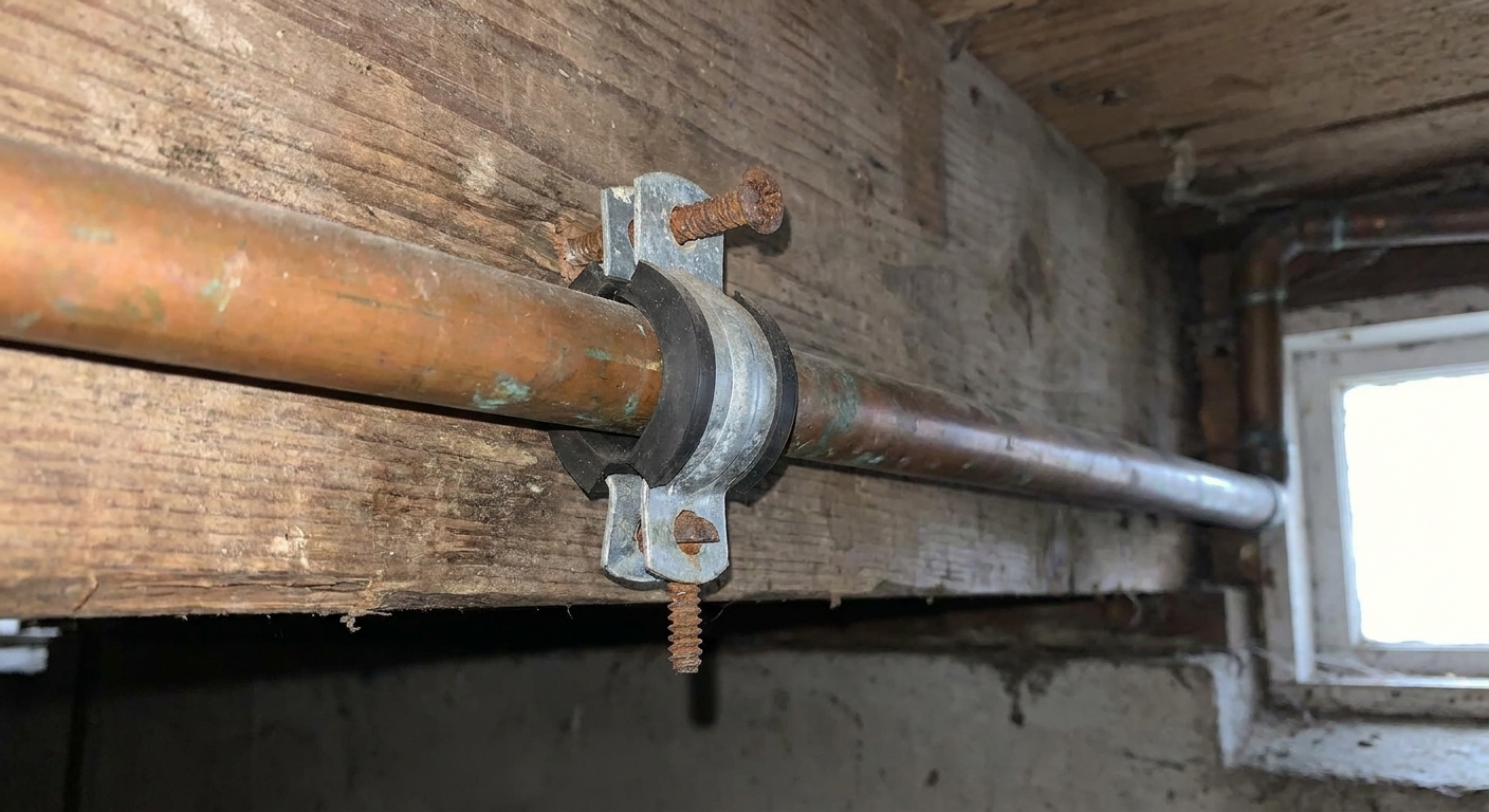 A copper water pipe secured to a wooden joist with a cushioned metal pipe clamp and a screw