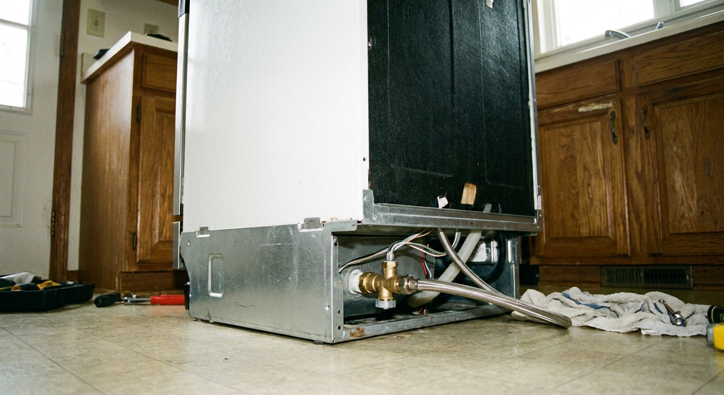 A dishwasher with the lower toe-kick panel removed, showing the water inlet valve and water supply line connection near the front bottom corner