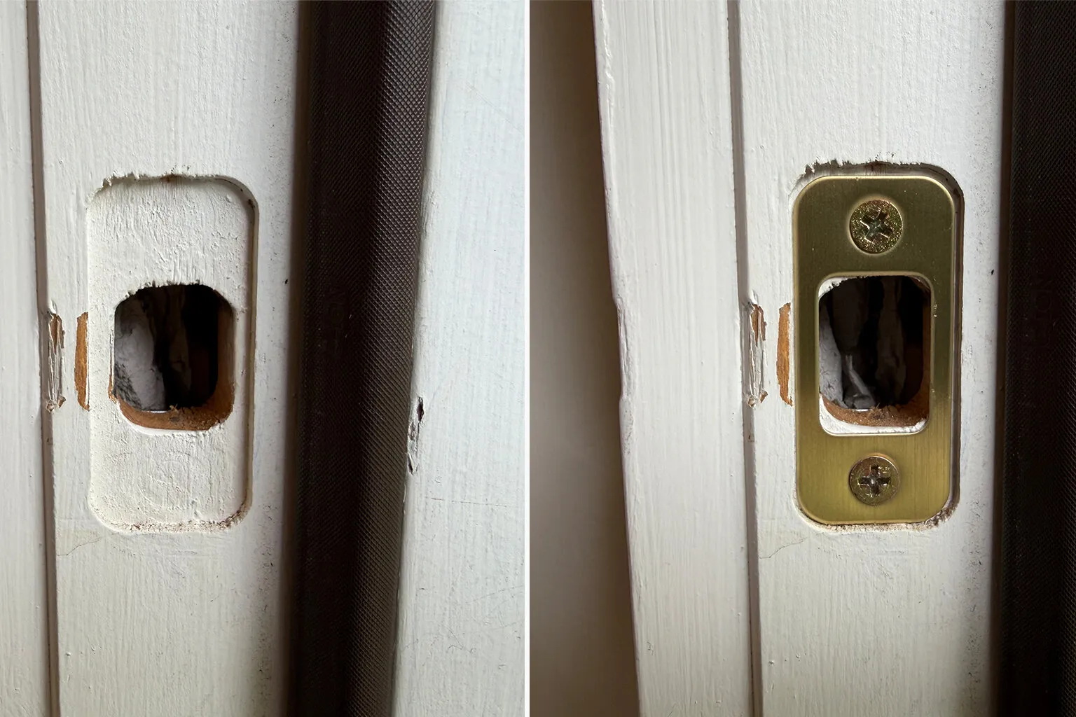 A door jamb with the strike plate removed, showing exposed screw holes and a crack running along the grain near the latch opening