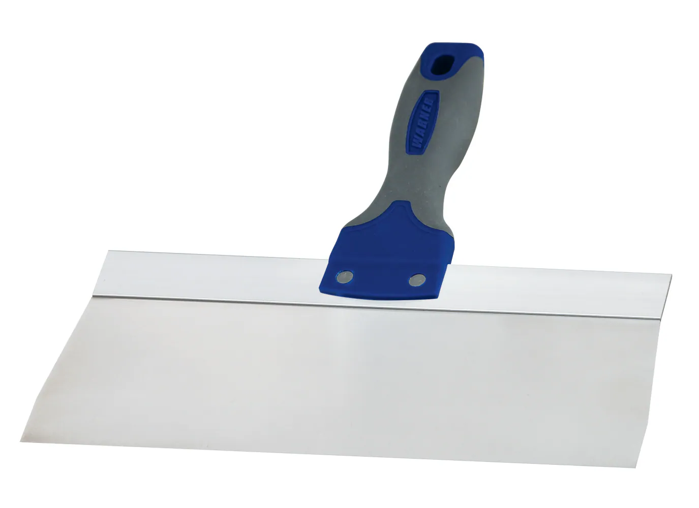 A drywall knife spreading joint compound smoothly over a taped seam, with feathered edges on the surrounding wall