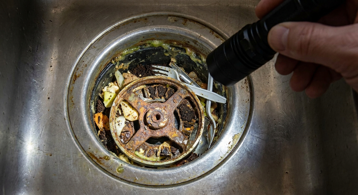 A flashlight shining into a garbage disposal opening to reveal debris near the flywheel