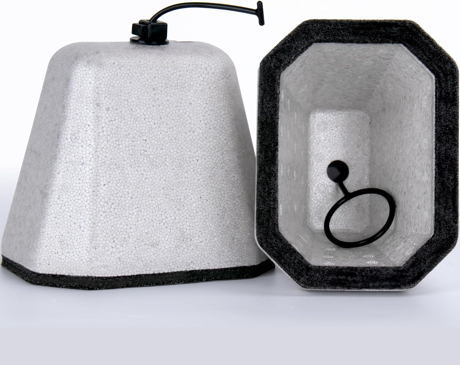 A foam insulated outdoor faucet cover strapped over a brass hose bib on a brick exterior wall