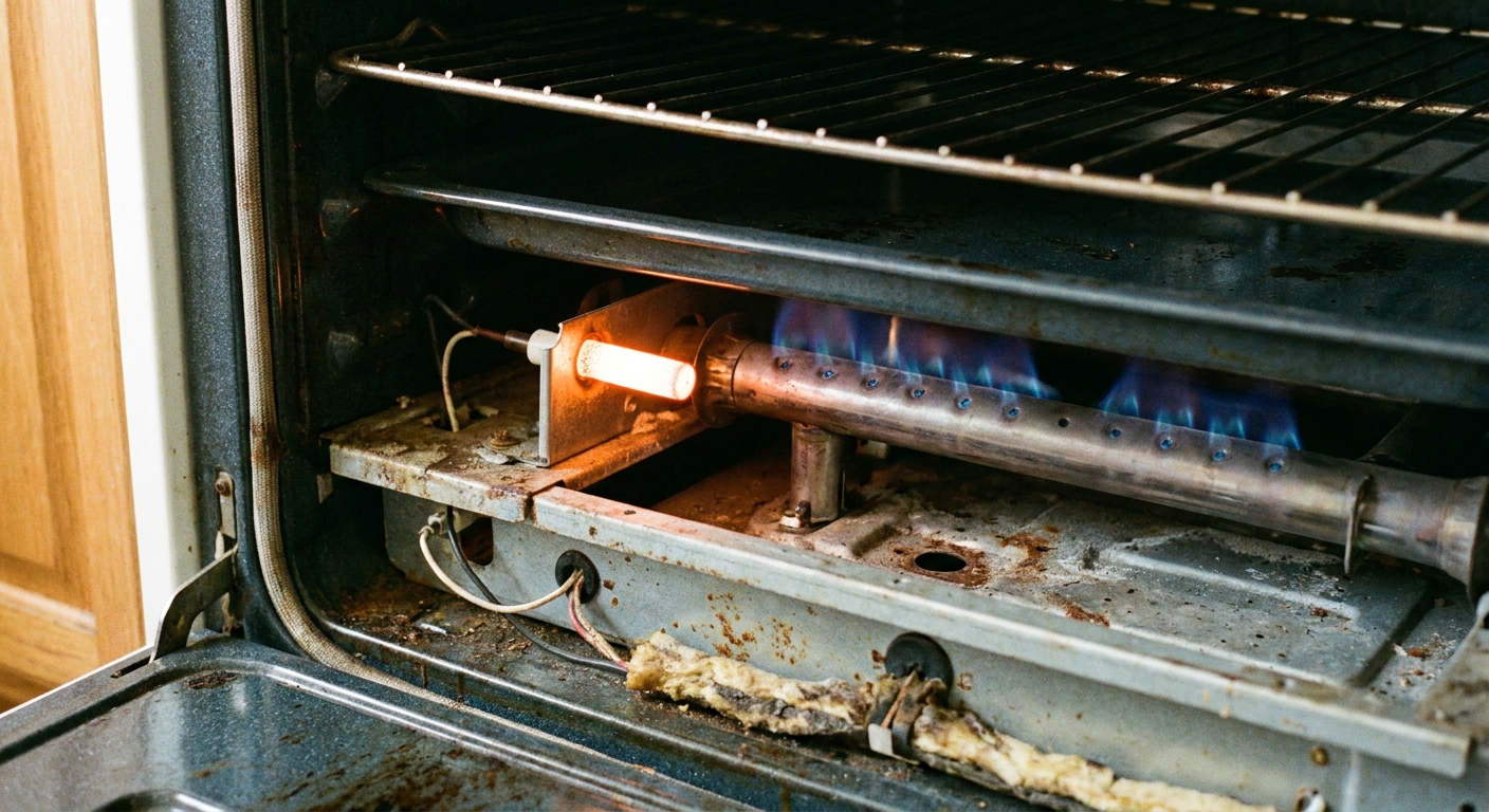 A gas oven burner compartment with the bottom panel removed, showing a glowing igniter next to the burner tube