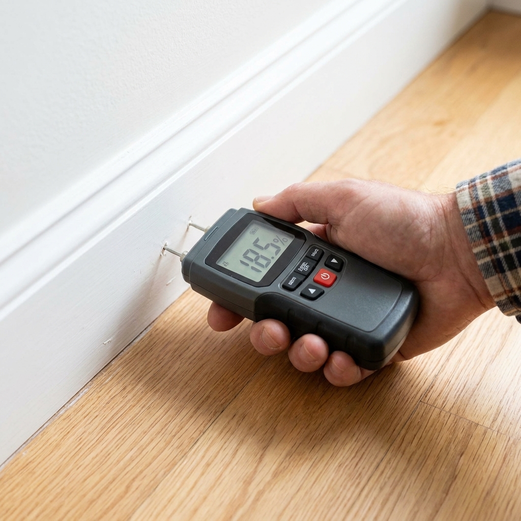 A hand holding a pin-style moisture meter pressed into a painted baseboard near the floor