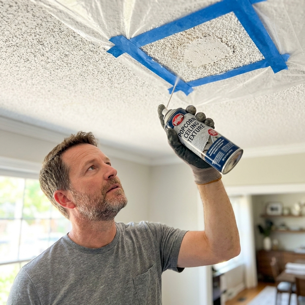 A hand holding an aerosol can of popcorn ceiling texture aimed upward near a masked-off ceiling repair area
