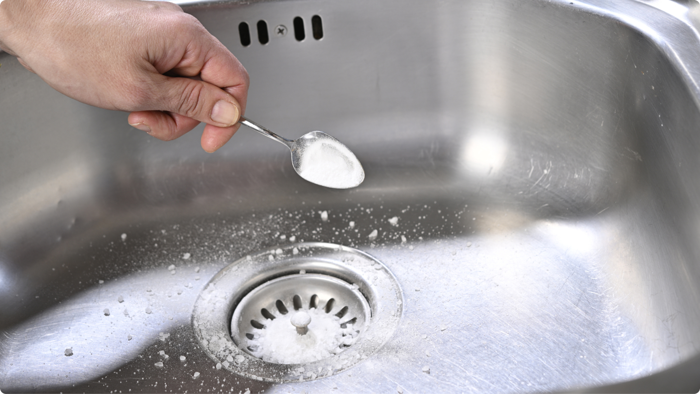 A hand pouring white vinegar into a kitchen sink drain after baking soda has been added