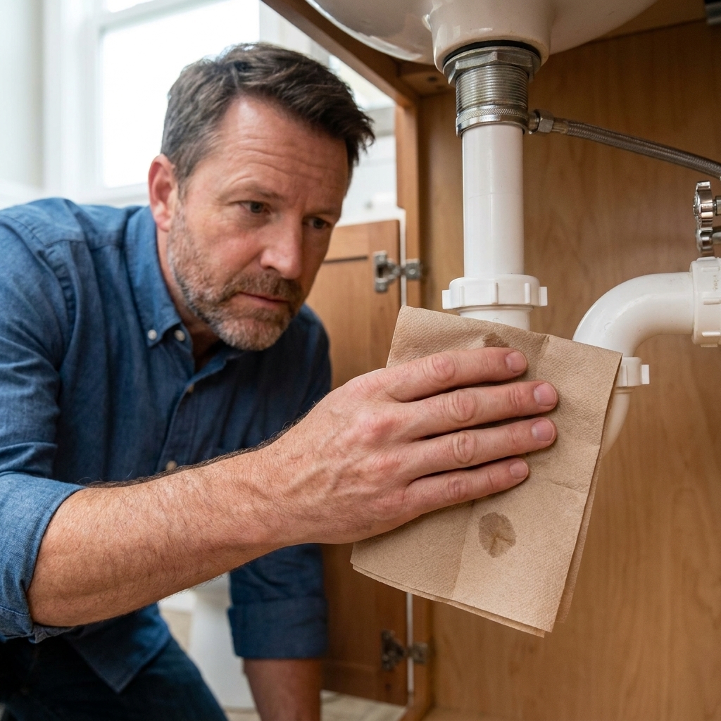 A hand pressing a folded paper towel against a PVC slip nut under a bathroom sink to detect a fresh drip