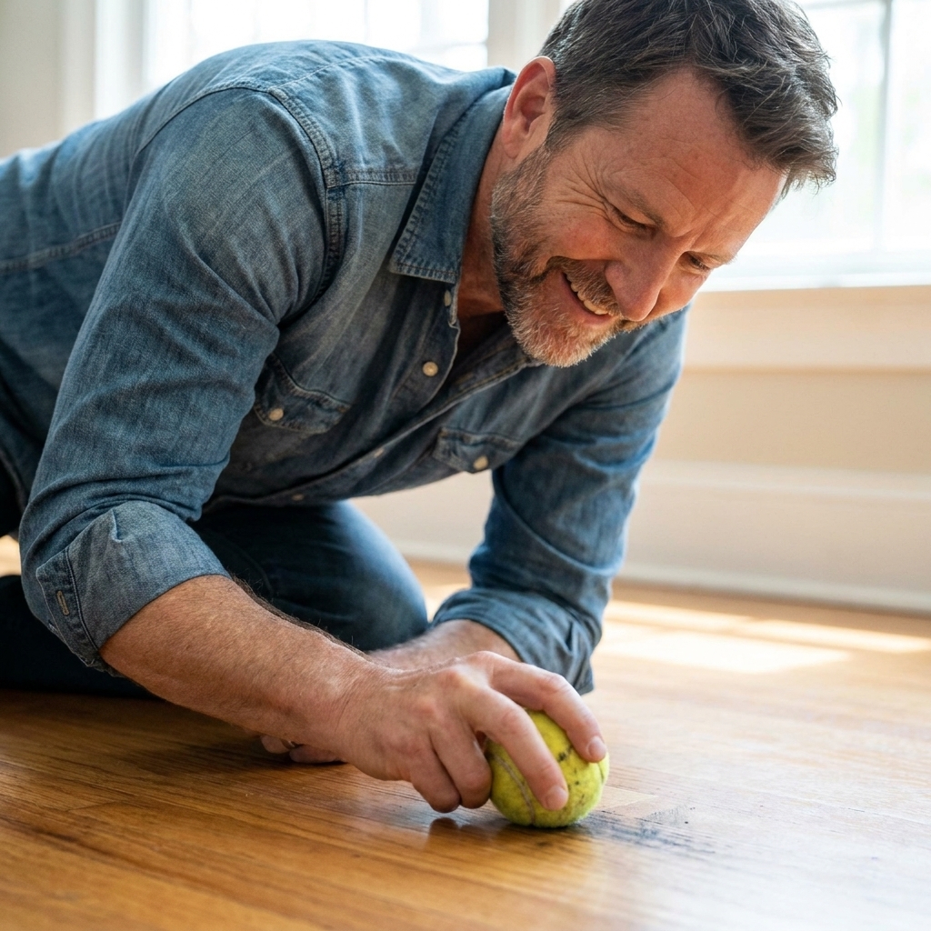 A hand pressing a tennis ball against a scuff mark on a hardwood floor to buff it out