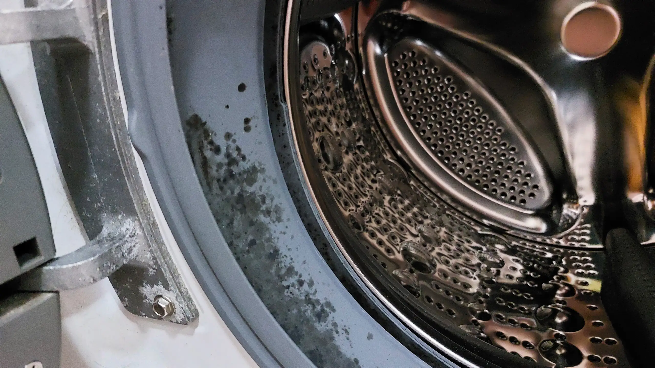 A hand pulling back the rubber door gasket on a front-load washer to reveal mildew residue and debris in the folds