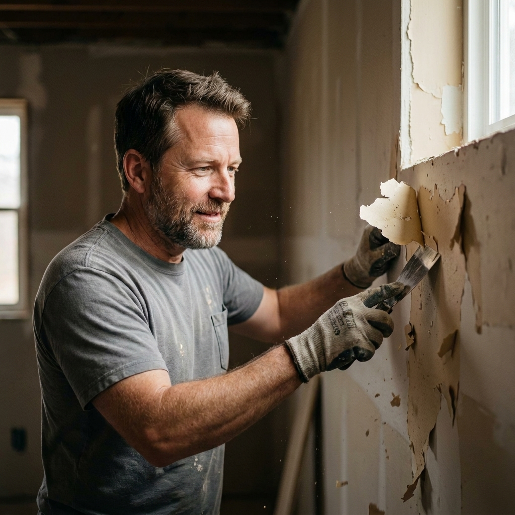 A hand using a putty knife to scrape curling paint from an interior drywall wall