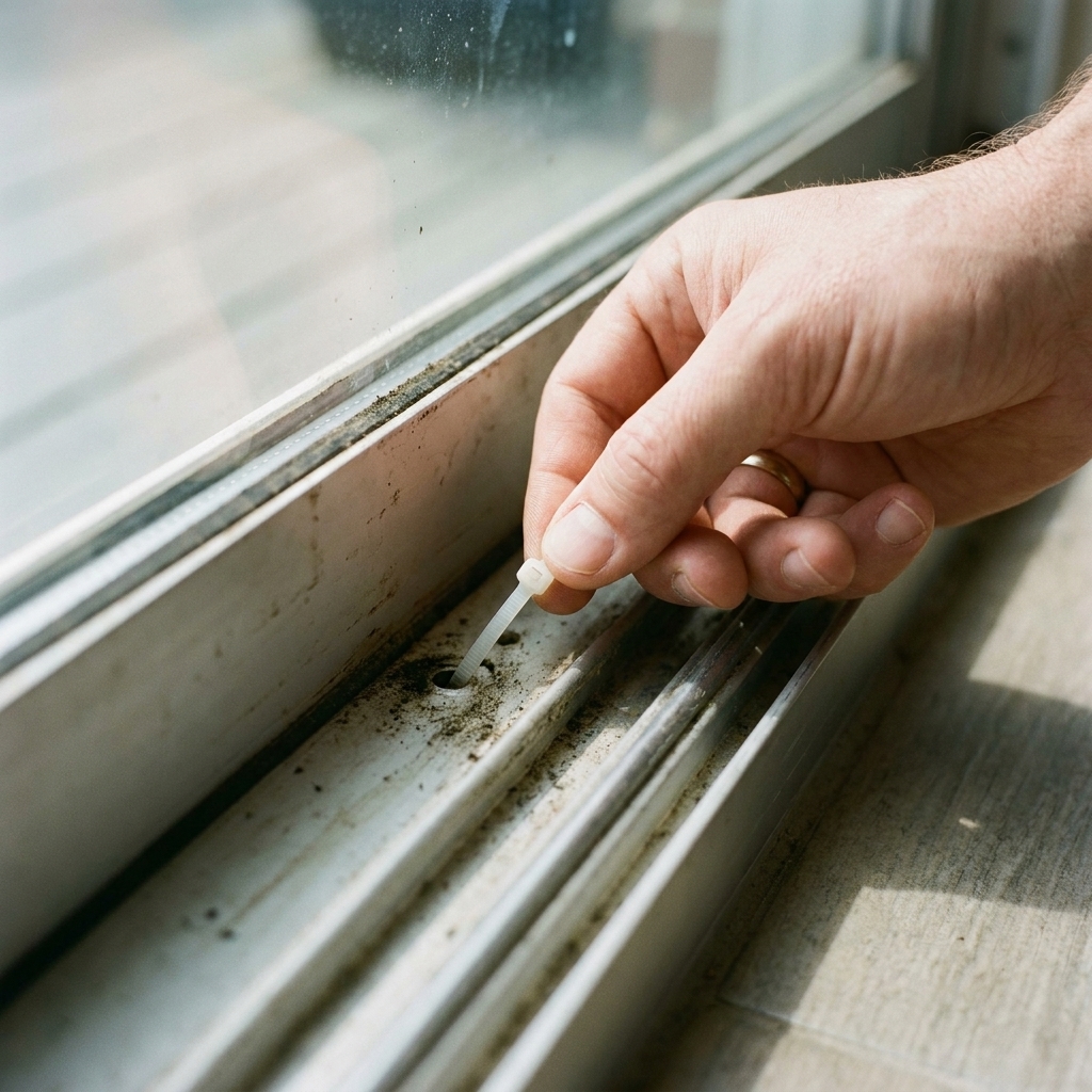 A hand using a small plastic zip tie to clear a clogged weep hole on a sliding door sill