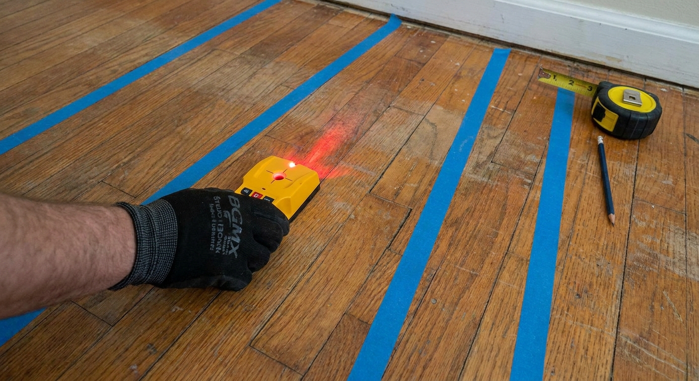 A hand using a stud finder on a hardwood floor with painter’s tape lines marking estimated joist locations
