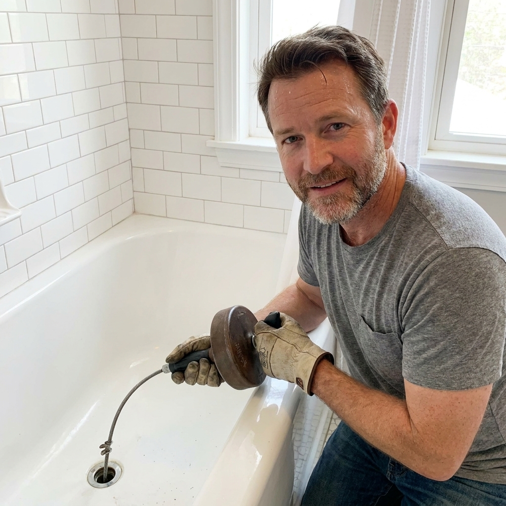 A homeowner holding a manual hand auger drain snake next to a bathtub, with the cable partially extended