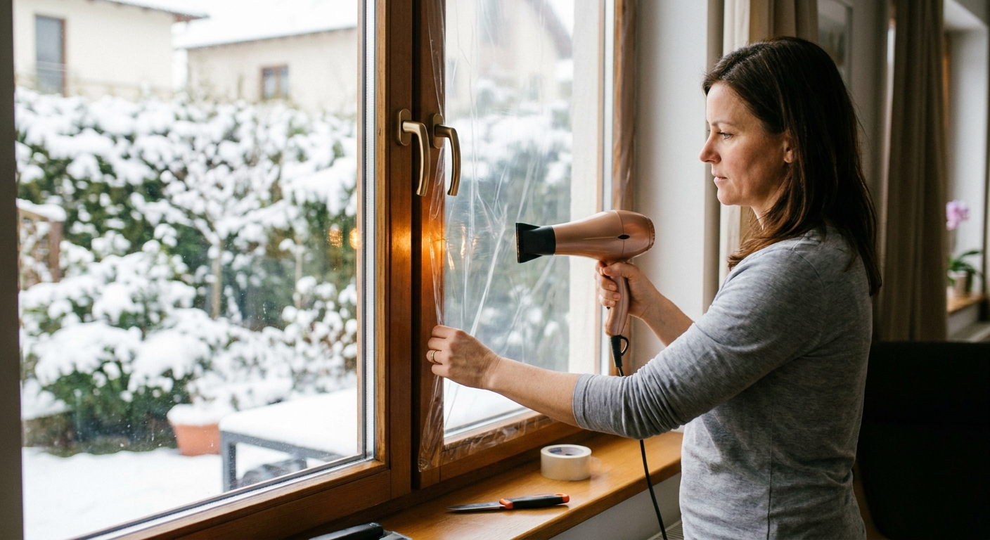 A homeowner using a hair dryer to shrink clear insulation film on the inside of a window