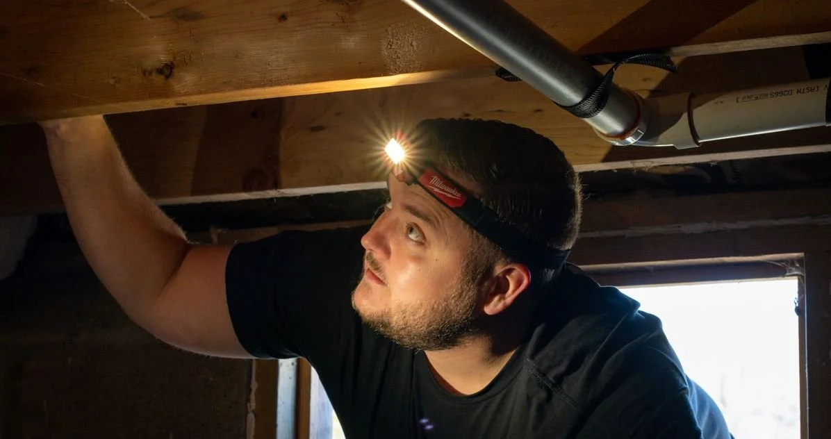 A homeowner wearing a headlamp shining light across a basement wall crack to highlight texture and displacement