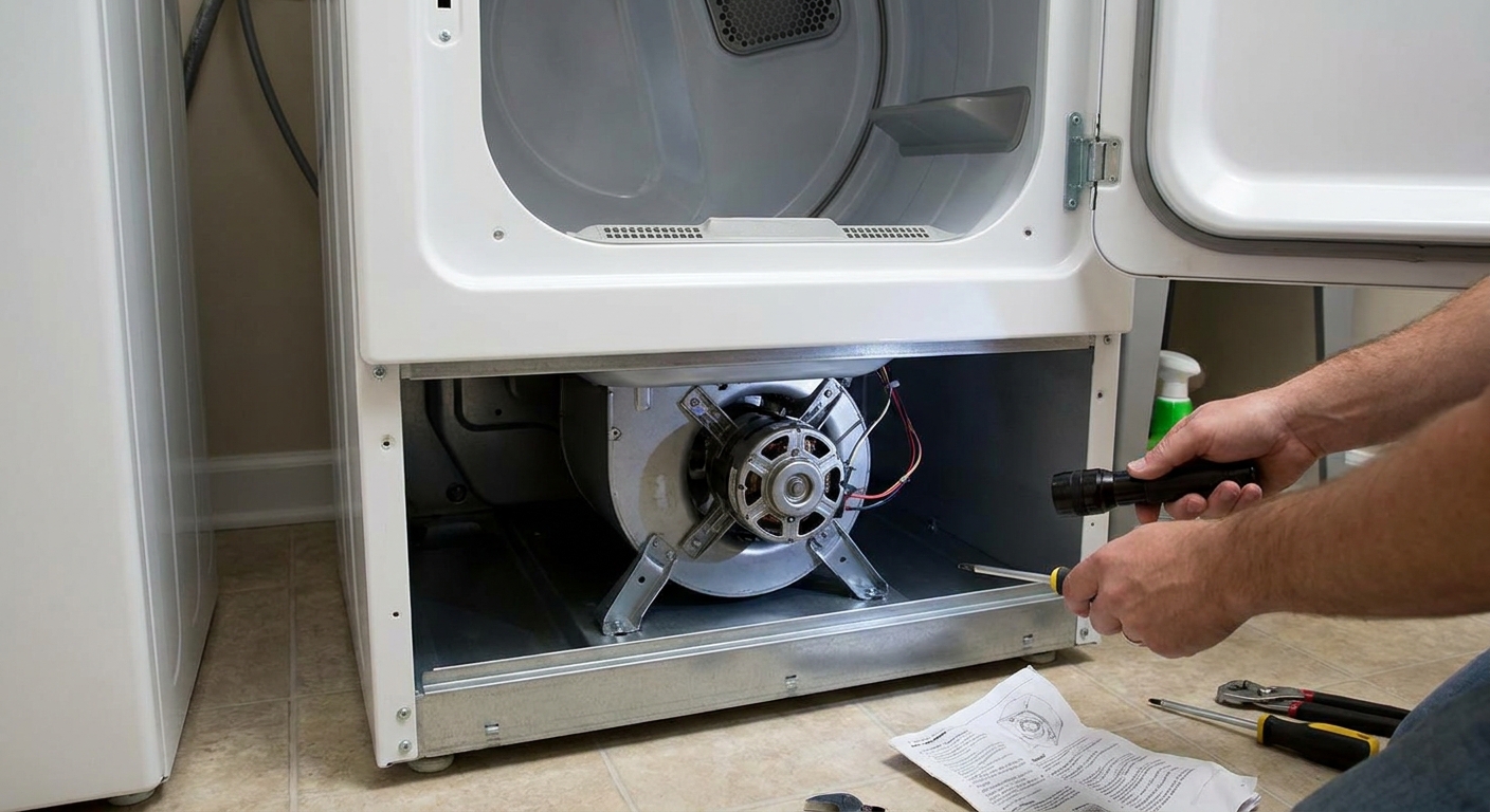 A household clothes dryer with the lower front access area visible, a common starting point for diagnosing a squeak