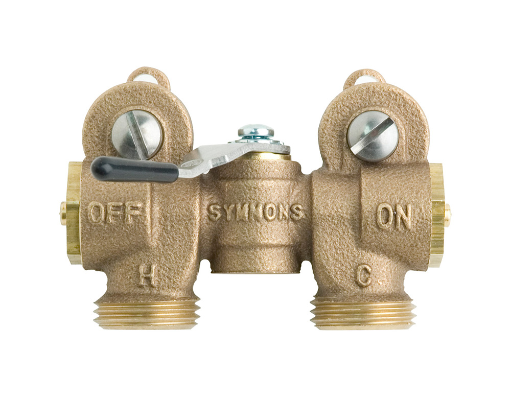 A laundry box with hot and cold washing machine shutoff valves and two braided hoses connected