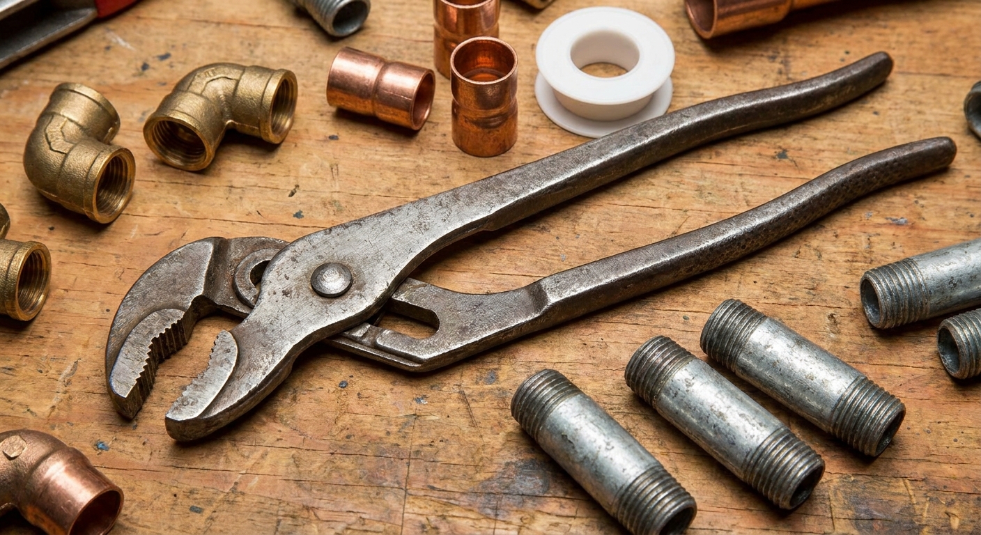 A pair of tongue-and-groove pliers opened wide on a workbench next to common plumbing fittings