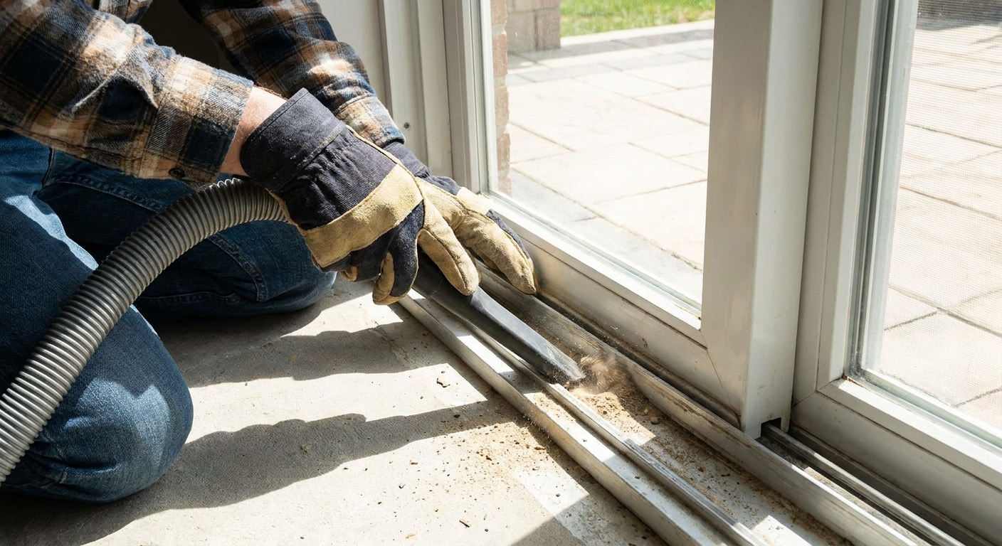 A person using a vacuum crevice tool to clean debris from the narrow channel of a sliding glass door track