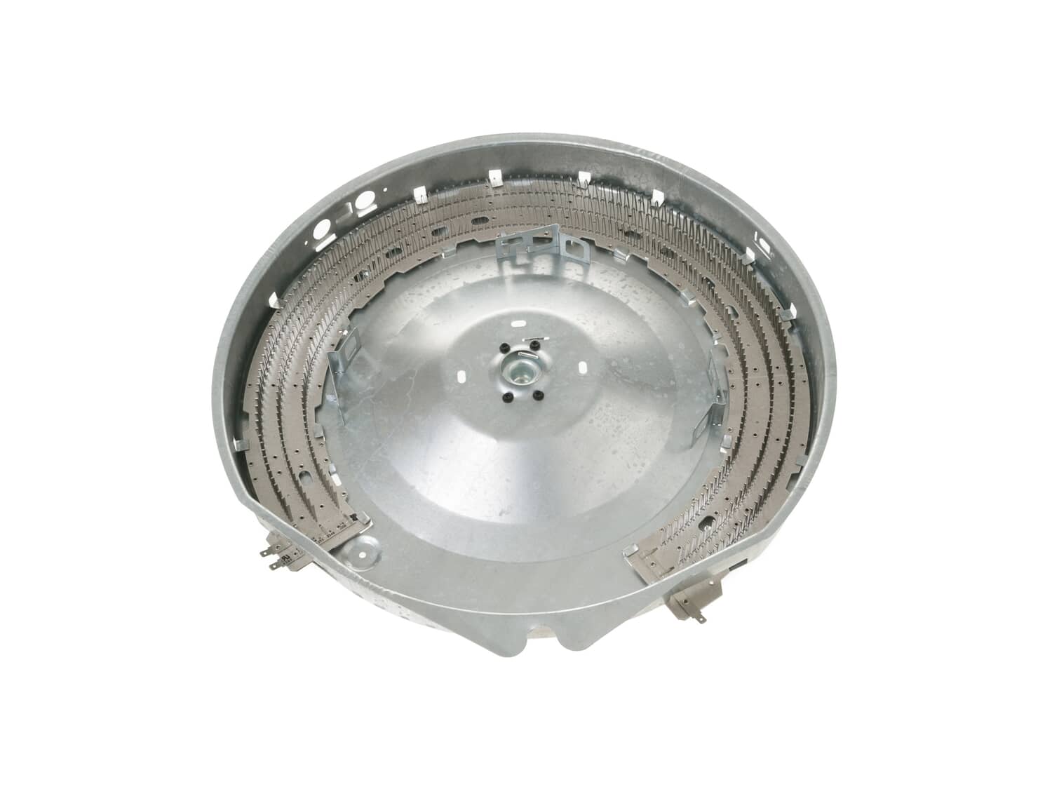 A photo of an electric dryer heating element assembly removed from the dryer, showing the metal housing and coil area