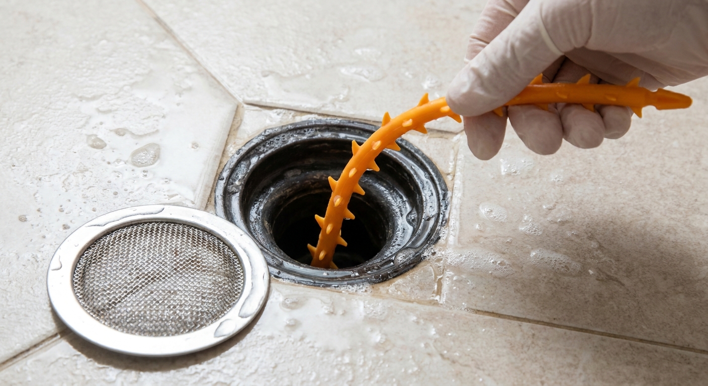 A plastic barbed hair removal tool being inserted into a shower drain after the strainer has been removed