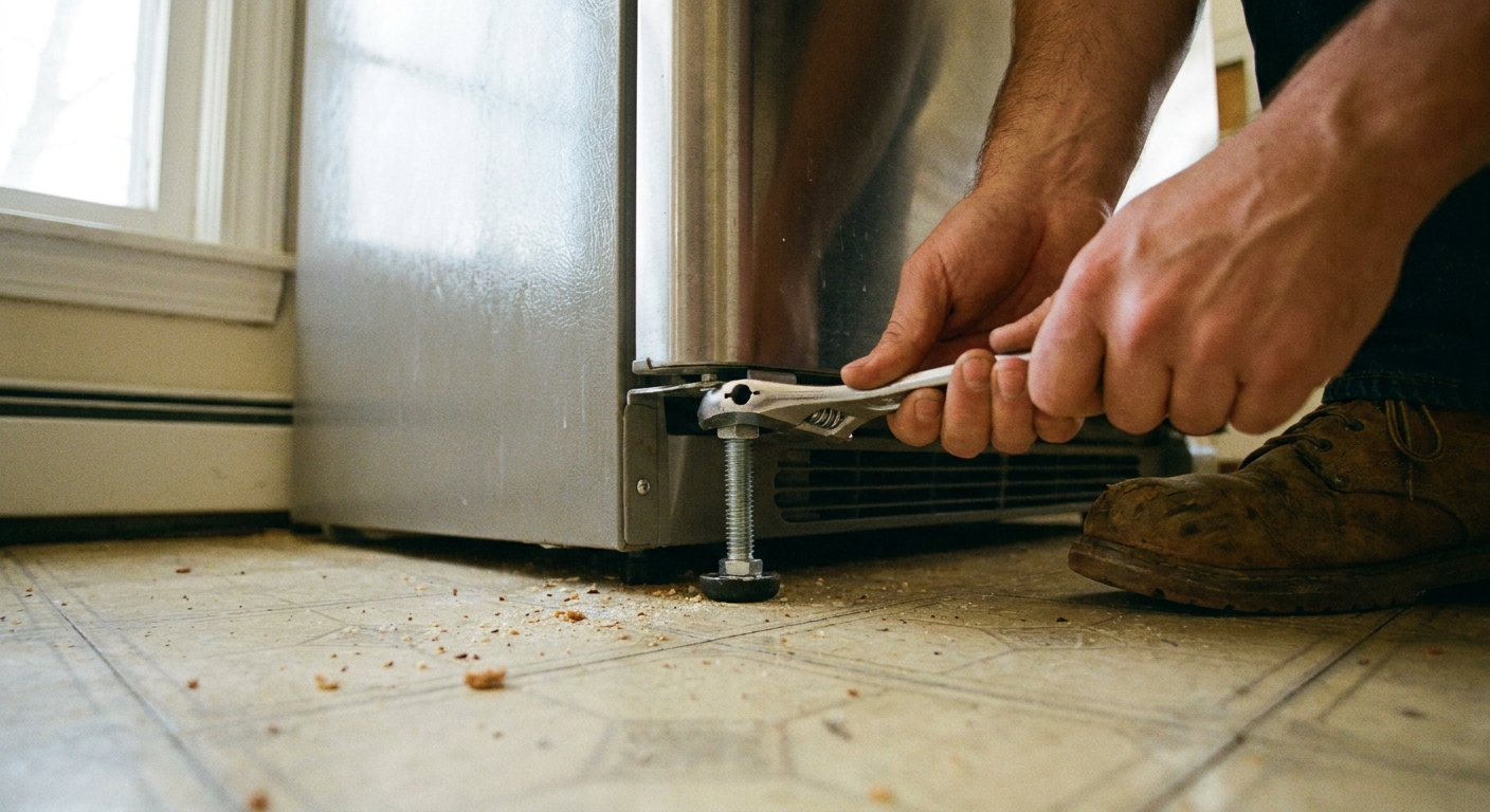 A refrigerator front leveling leg being adjusted with a wrench near the kitchen floor