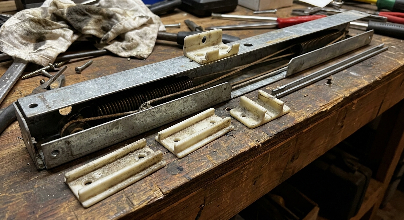 A removed block-and-tackle window channel balance on a workbench, showing the metal channel and plastic end pieces
