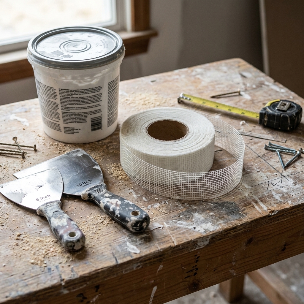 A roll of self-adhesive fiberglass mesh drywall tape sitting on a workbench next to joint compound and drywall knives