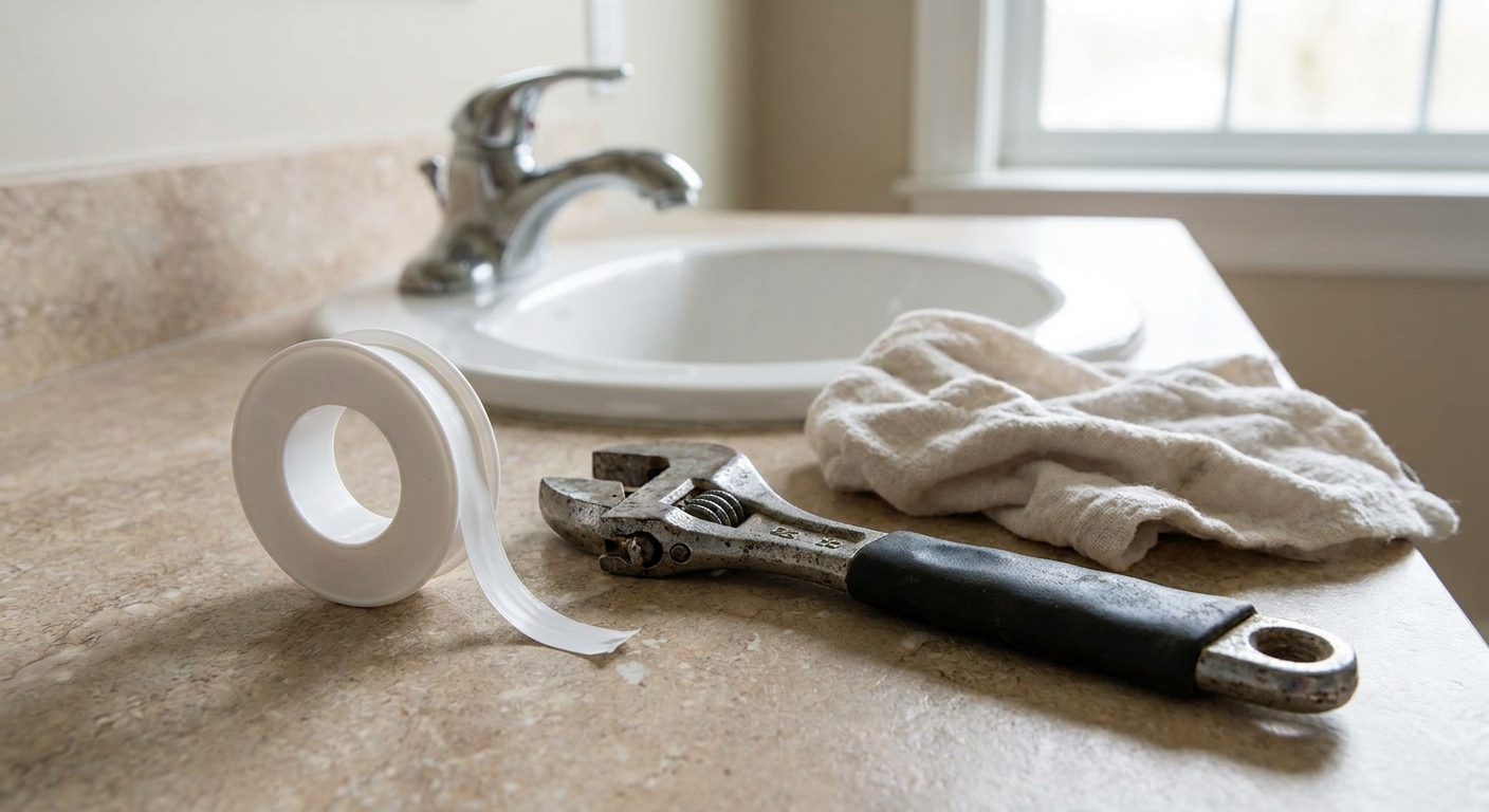 A roll of white PTFE thread seal tape sitting on a bathroom counter next to an adjustable wrench and a soft cloth