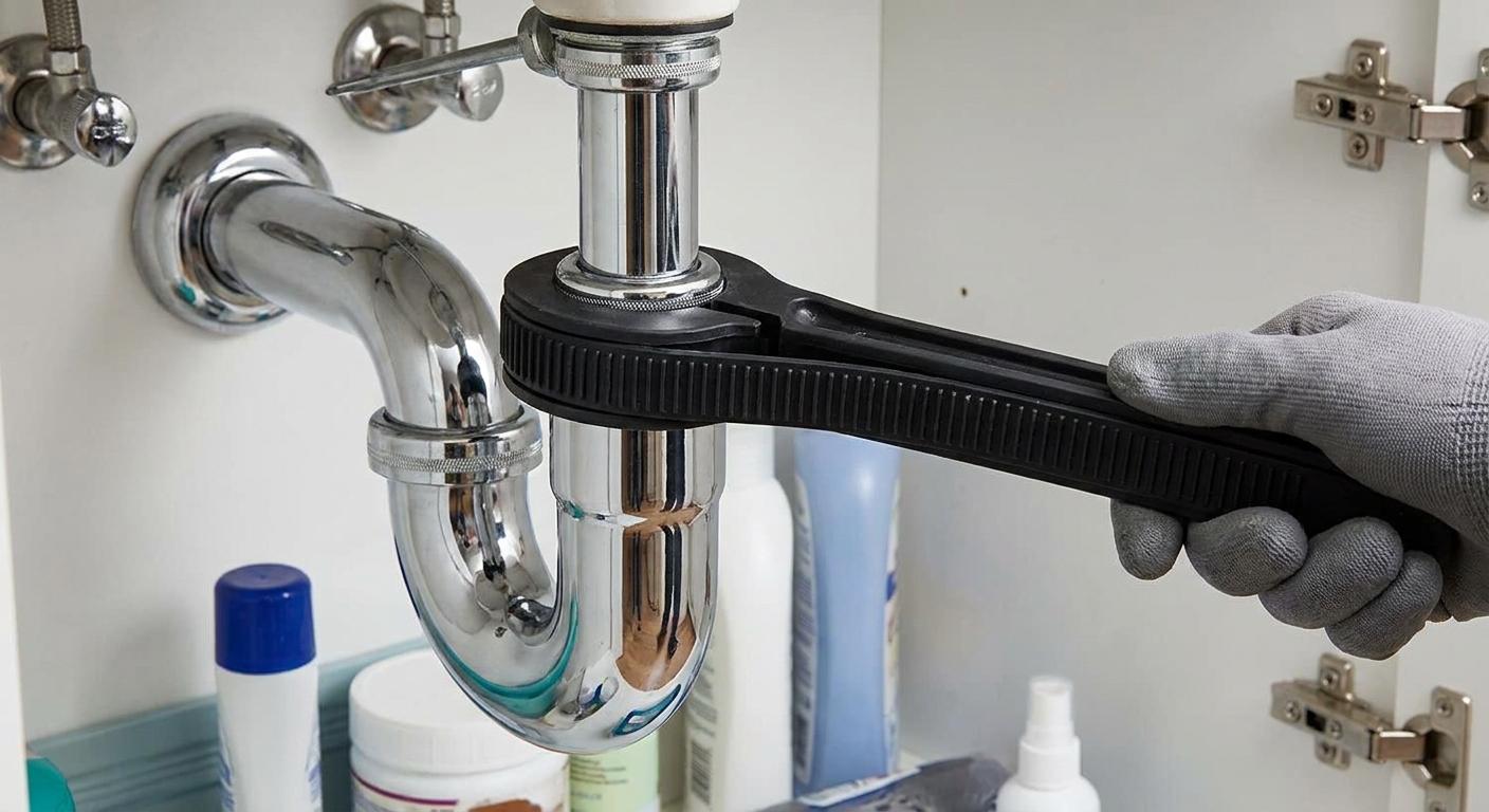 A rubber strap wrench wrapped around a chrome drain pipe, ready to turn without scratching the finish