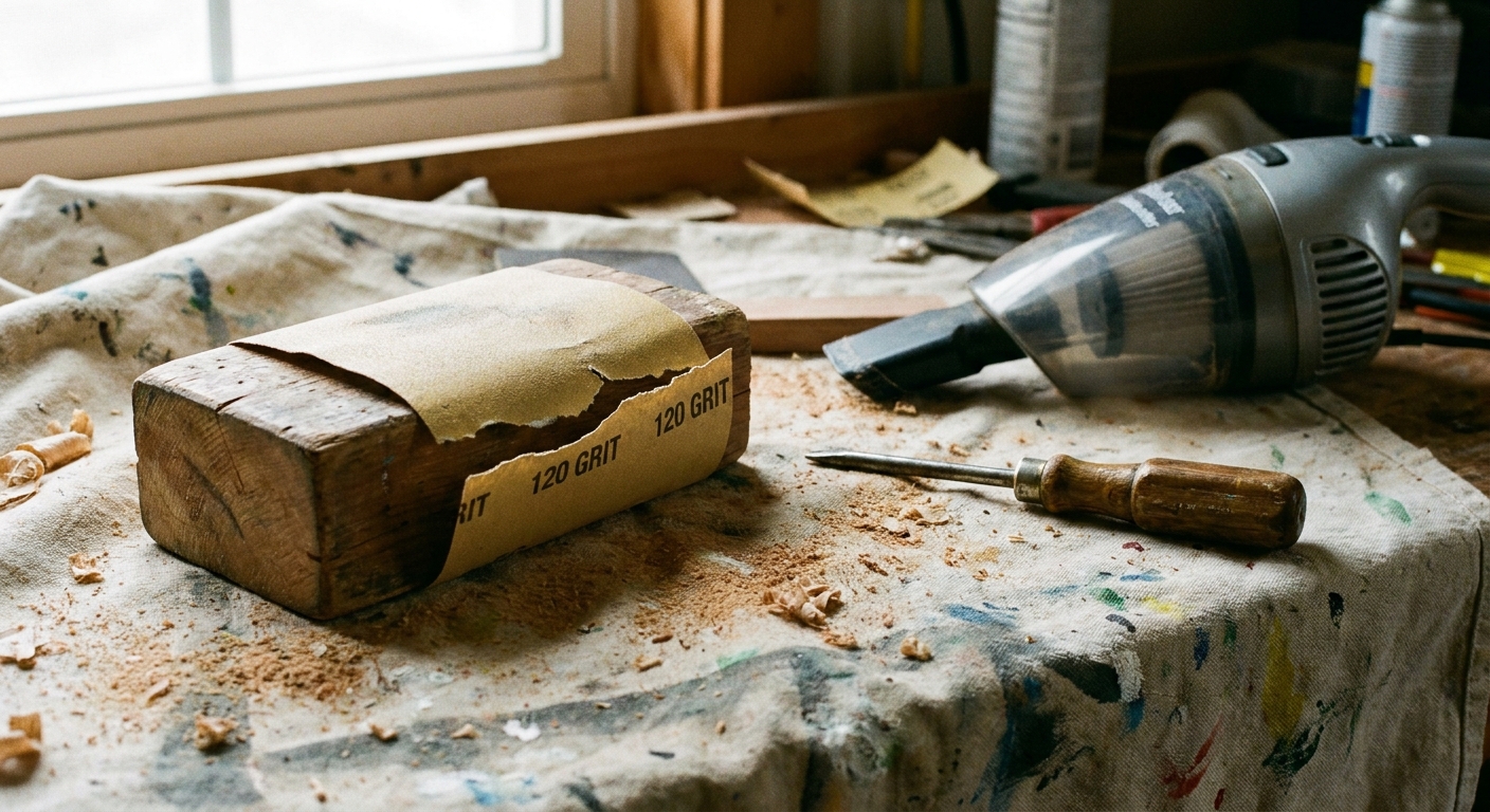A sanding block with a sheet of 120 grit sandpaper wrapped around it, sitting on a drop cloth next to a screwdriver and a small vacuum