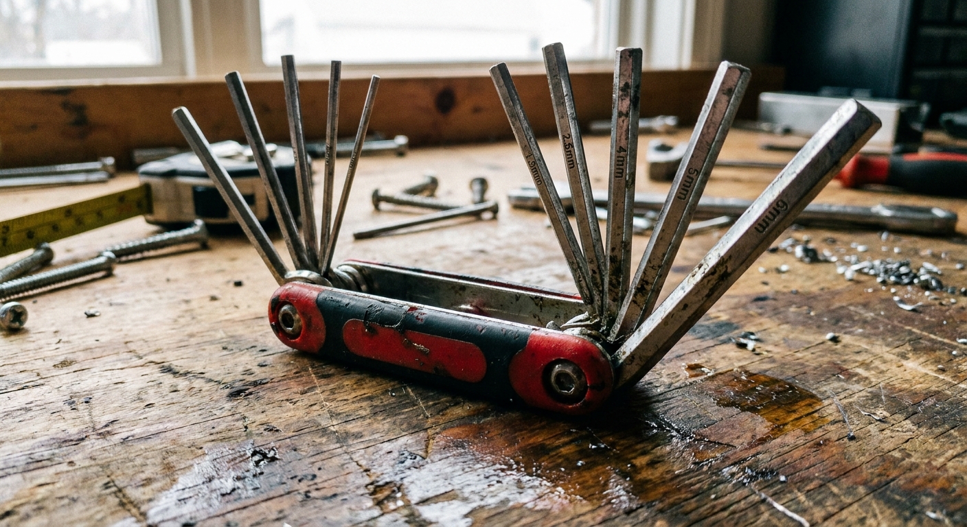 A small fold-up hex key set opened on a workbench, showing multiple Allen key sizes