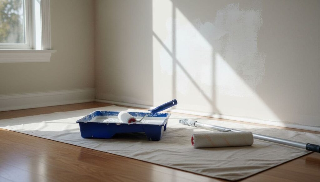 A small paint roller applying primer over a sanded drywall patch on an interior wall