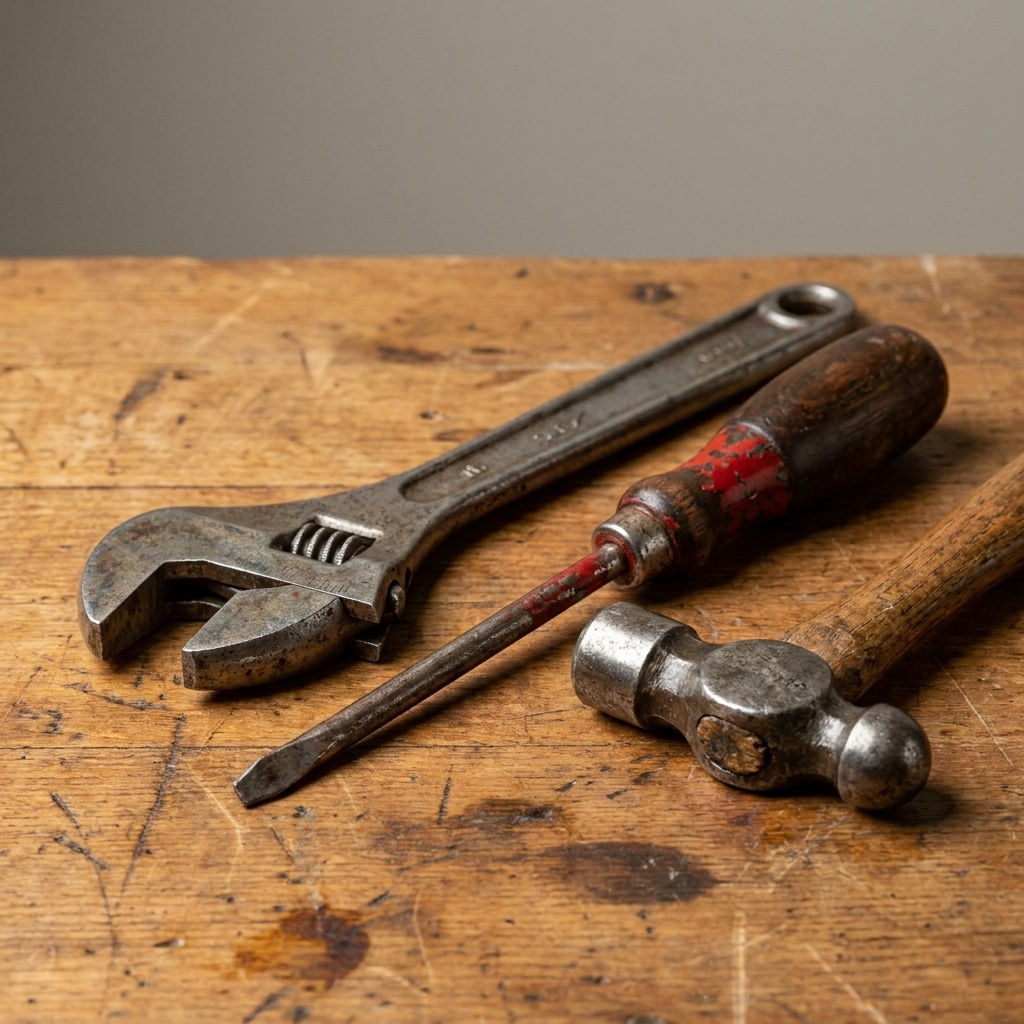A small set of restored vintage hand tools on a wooden workbench, including a worn steel wrench and a screwdriver