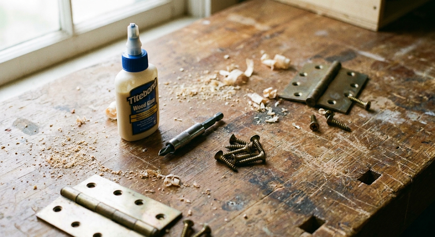 A small set of tools on a work surface including wood glue, a Phillips screwdriver bit, and door hinge screws ready for a repair